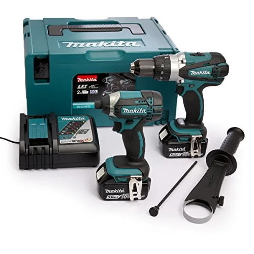 Makita combo DHP458 + DTD152 + DC18RC + BL1850Bx2, 18 V, 2 x 5 Ah Li-Ion Martillo Drill/Impact Driver Kit, 1 pieza, dlx2145tj, 600 W, 18 V, Azul y Plateado | MAKITA