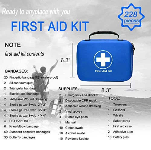 SHBC Kit Compacto de Primeros Auxilios (228 Piezas) Diseñado para Cuidados Familiares de Emergencia. Carcasa de EVA a Prueba de Agua. Esta Bolsa es Ideal para el Coche, Barco, Camping, Oficina. |