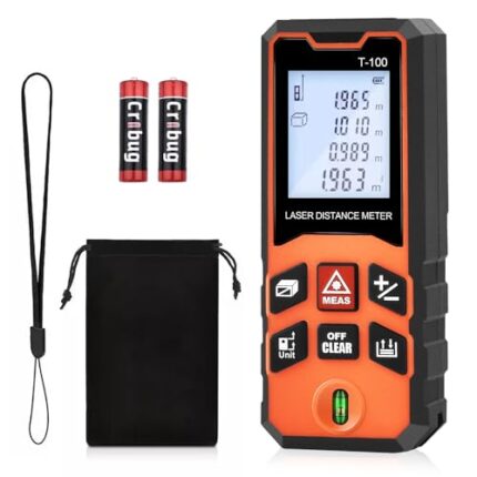 GOXAWEE Metro Laser 100M, Medidor Laser de Distancia, Precisión de ± 1.5mm, Cambio de Unidad Ft/M/In, Metro Digital Portátil, Niveles de Burbuja, Pitágoras, Medida de Área y Volumen, Pantalla LCD |